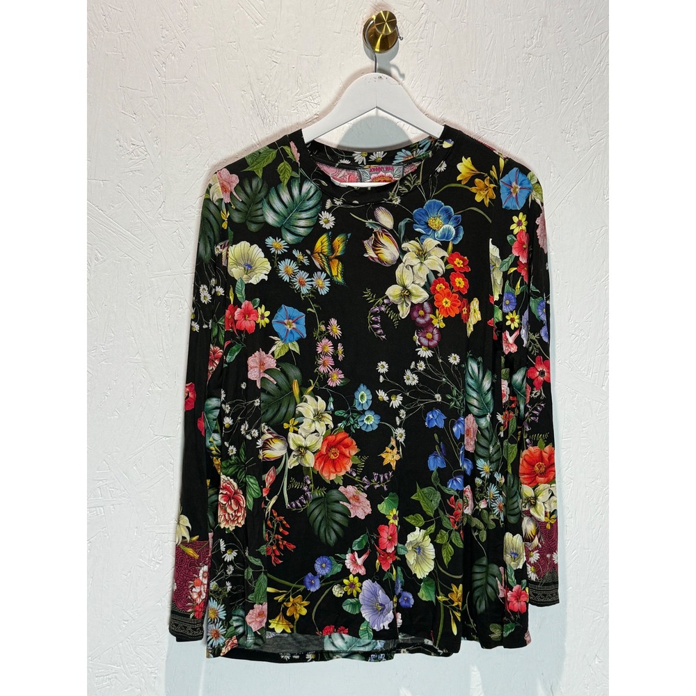 Johnny Was Bamboo Floral Crewneck Favorite Long Sleeve Tee Black Multi Medium
